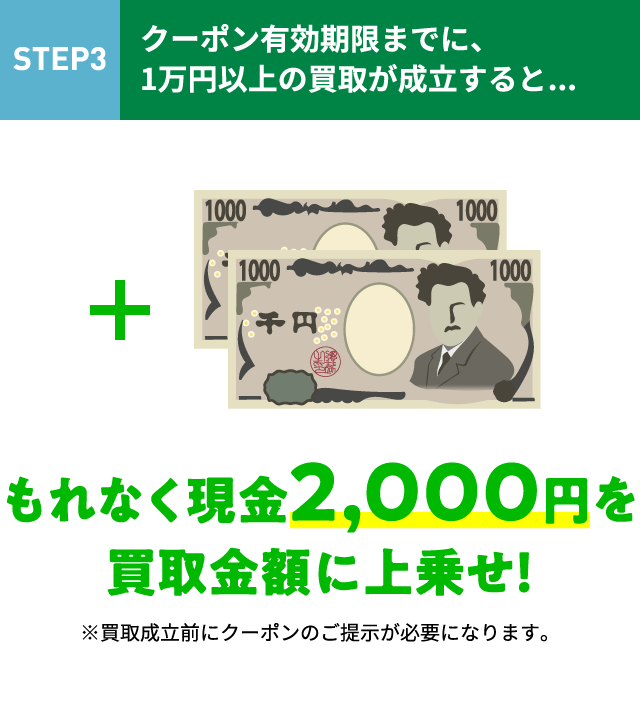 STEP3　クーポン有効期限までに、1万円以上のお買取が成立すると…もれなく現金2,000円を買取額に上乗せプレゼント！　※買取成立前にクーポンのご提示が必要になります。