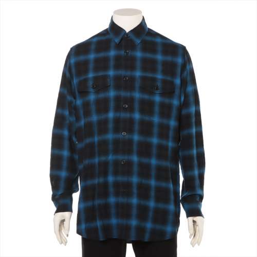 サンローランパリ コットン×ポリウレタン チェックシャツ 16年 L ブルー×ブラック ＡＢランク