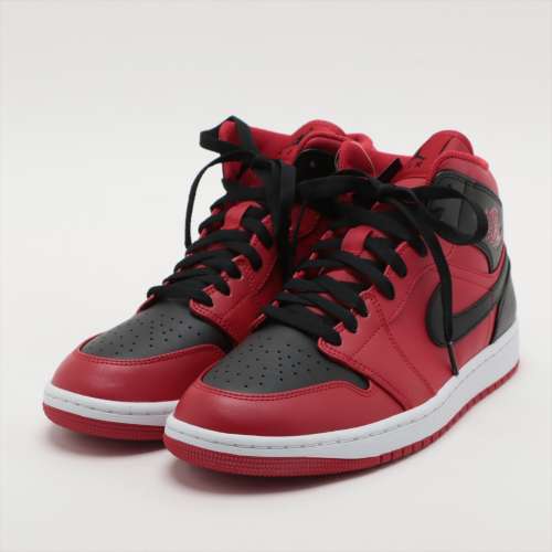 ナイキ AIR JORDAN 1 MID レザー×ファブリック ハイカットスニーカー 27cm ブラック×レッド Ａランク