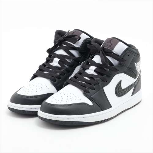 ナイキ AIR JORDAN 1 MID SE レザー×ファブリック ハイカットスニーカー 27.5cm ブラック×ホワイト Ａランク