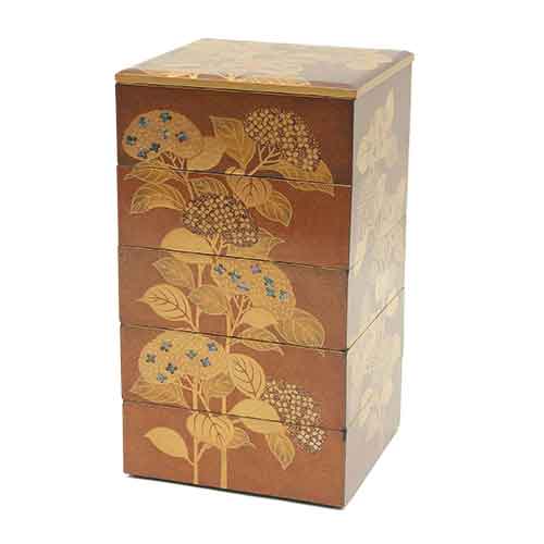 木製 蒔絵・螺鈿 紫陽花文五段重箱