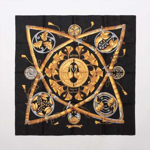 エルメス カレ90 DAIMYO PRINCES DU SOLEIL LEVANT 大名 日出る国の皇子 シルク スカーフ ブラック Ａランク